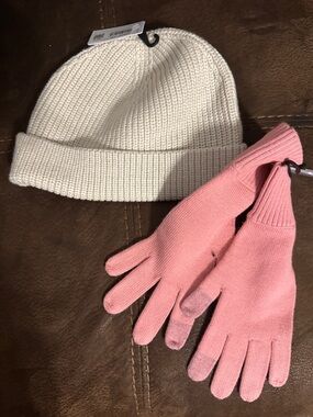 Cream Knit Beanie and Pink Touchscreen Gloves Set